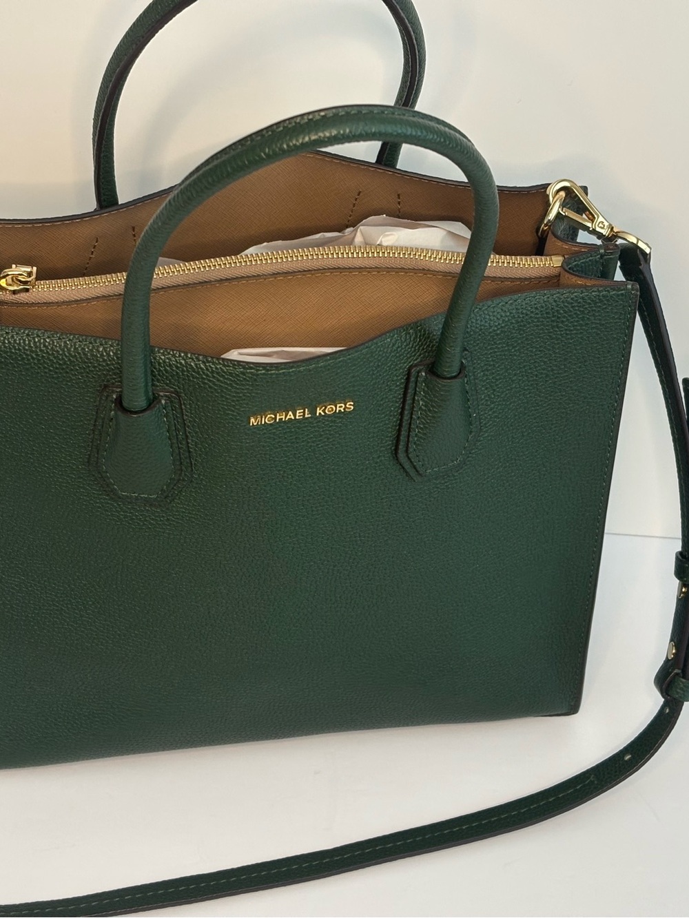 Michael Kors Dark Green Pebbled Leather Mercer Satchel with Gold Hardware